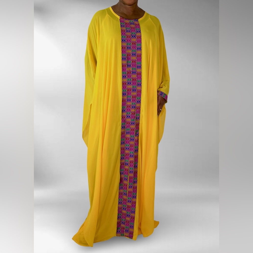 Oversized Vibrant Yellow  Maxi Kaftan Dress With Multicolor Tribal Print Detail - Picture 5 of 7